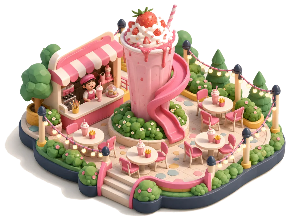 Clay model of the café with a giant milkshake
